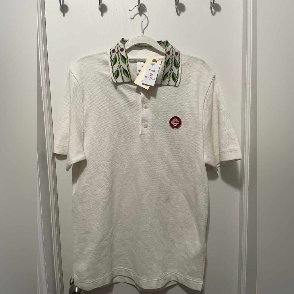 New With Tag Casablanca Paris Men's White Laurel Pique Short Sleeve Polo Shirt